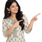 A cheerfull indian woman pointing right