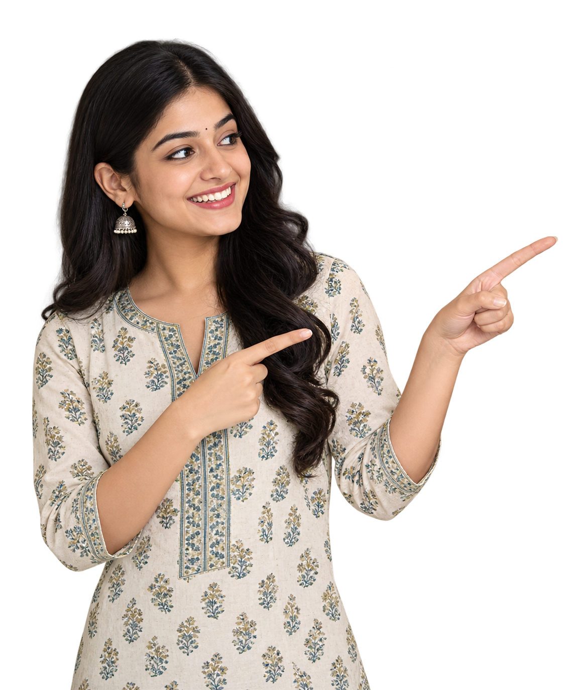 A cheerfull indian woman pointing right
